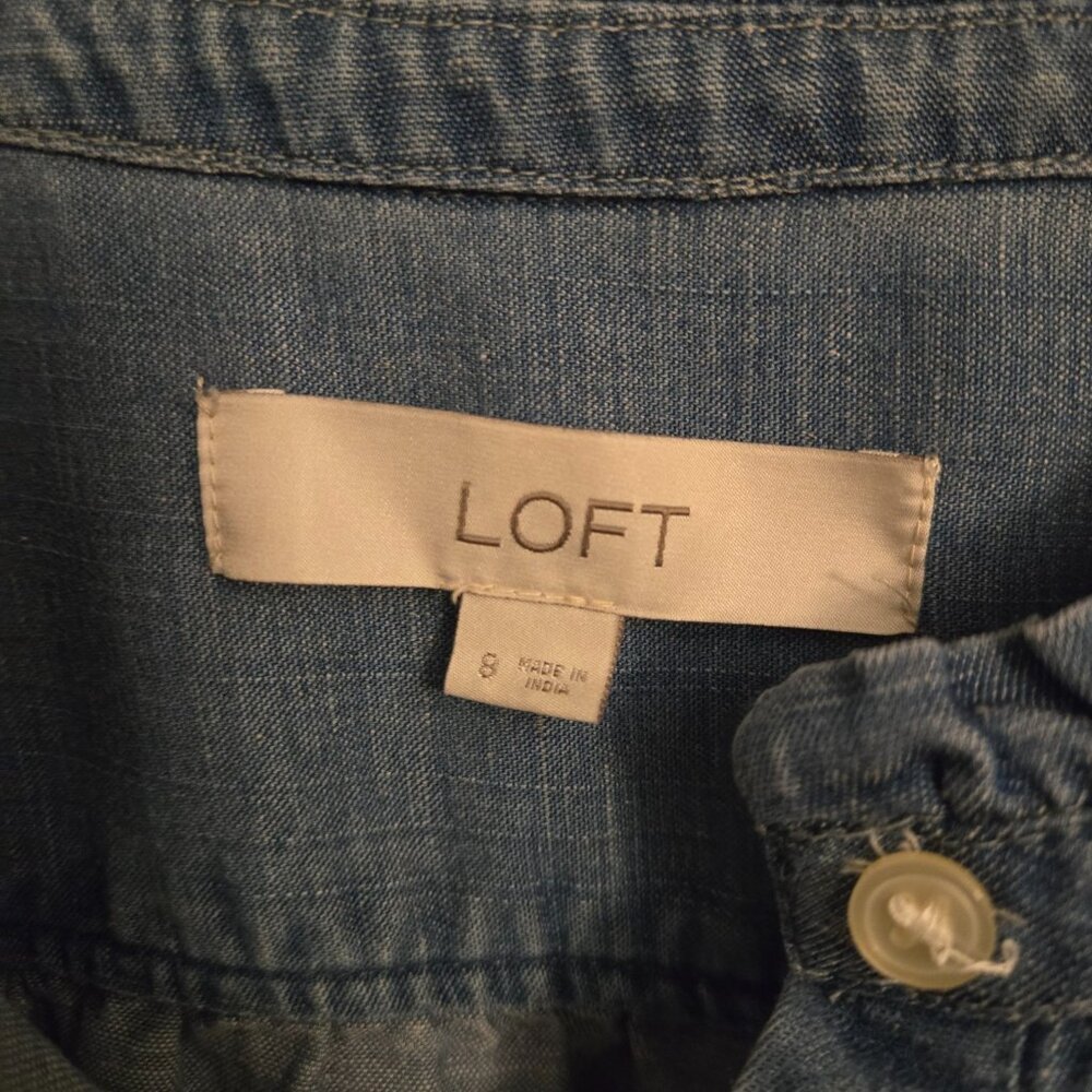LOFT Chambray Denim Button Front Dress Women’s Size 8 Blue Ruffle Hem - Picture 4 of 4